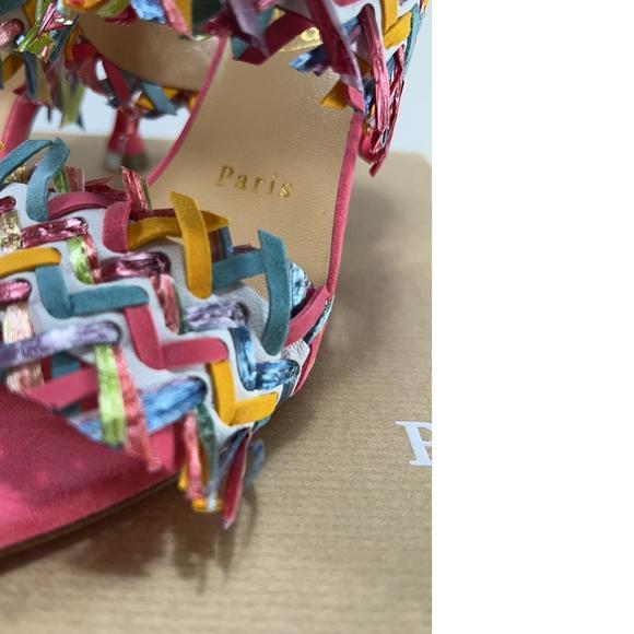 Meroine Pink Rainbow Woven 85mm raffia fringe heels mules D977 - Picture 4 of 11